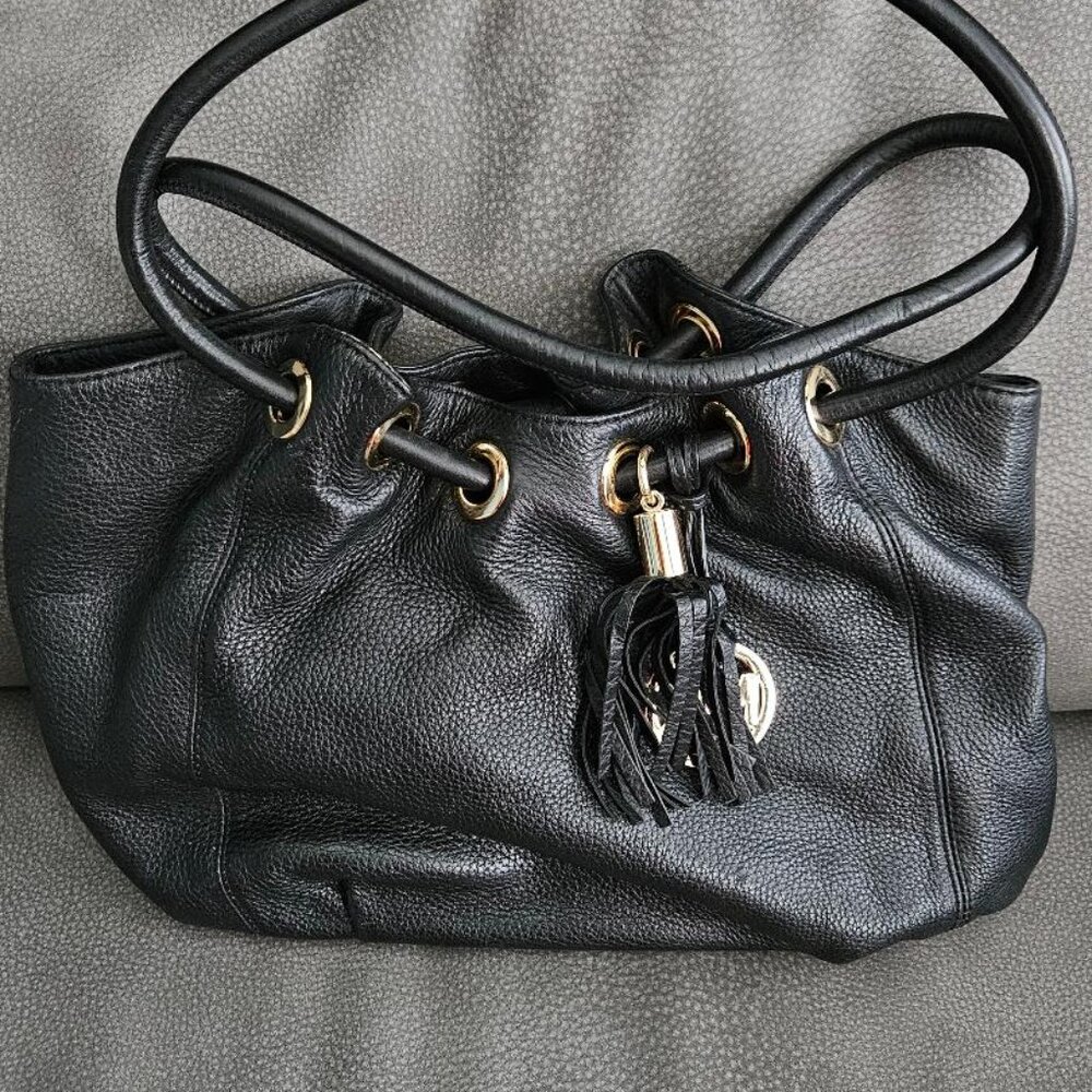Michael Kors Black Leather Hobo Shoulder Bag Gold Tone Tassel / D-4